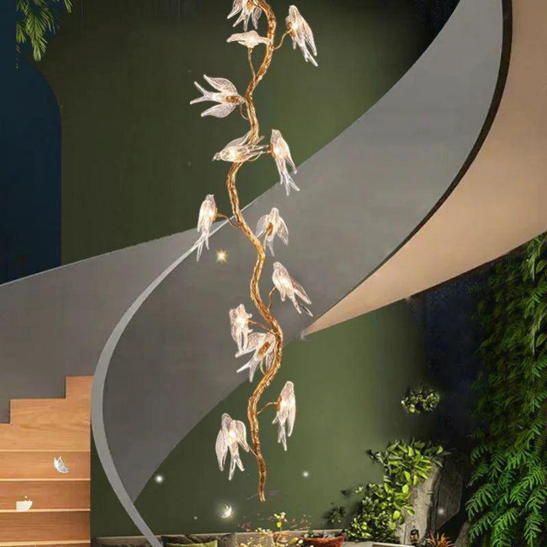 Lucky Bird Glass Tree Branch Chandelier For Staircase - Zelno Lighting