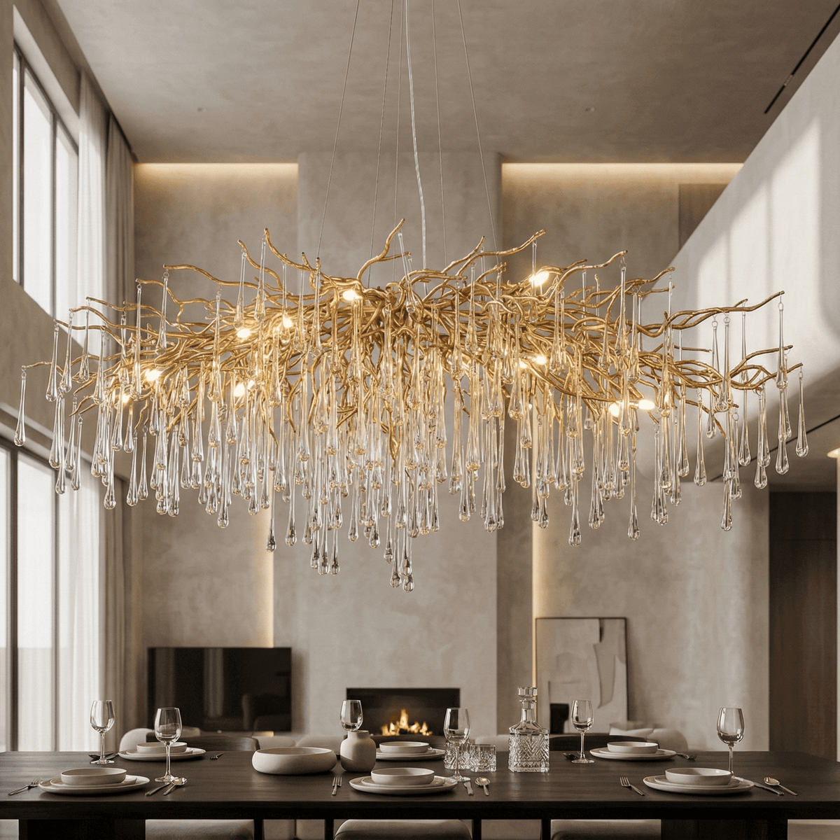 Lukas Oval Branching Brass Linear Teardrop Chandelier - Zelno Lighting