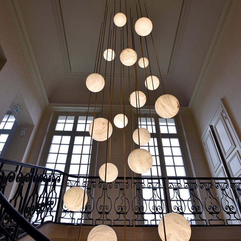 Luna Alabaster Sphere Staircase Chandelier, Multi Pendant Light - Zelno