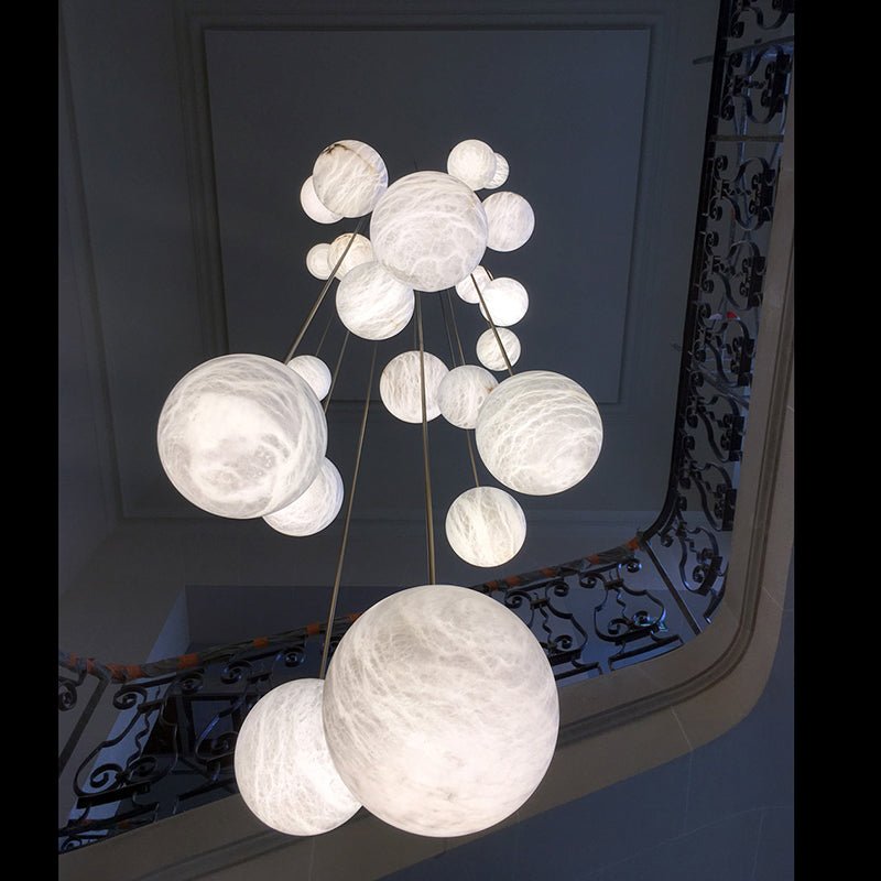 Luna Alabaster Sphere Staircase Chandelier, Multi Pendant Light - Zelno