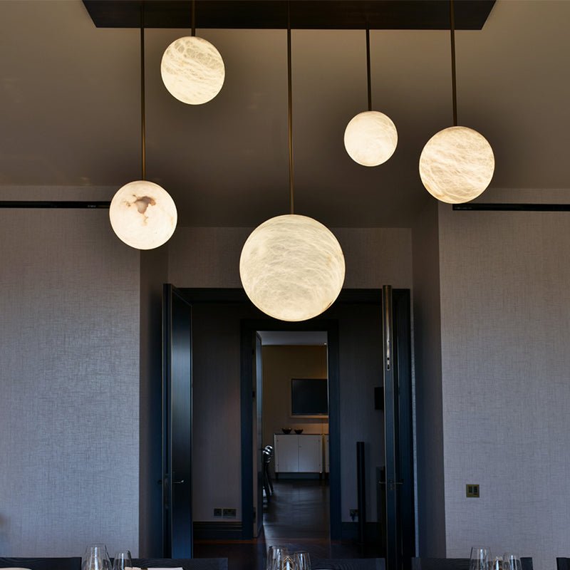 Luna Alabaster Sphere Staircase Chandelier, Multi Pendant Light - Zelno