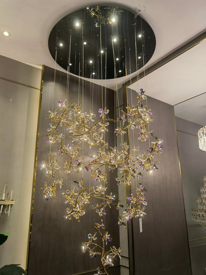 Luxury Branch Flower Crystal Chandelier for High Ceiling Staircase Foyer and Hallway Decor - Zelno Lighting