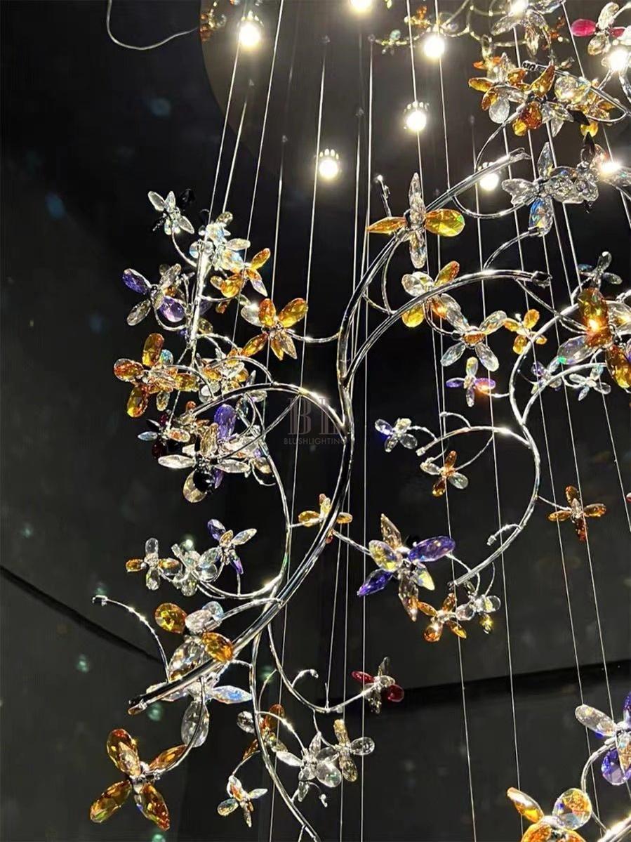 Luxury Branch Flower Crystal Chandelier for High Ceiling Staircase Foyer and Hallway Decor - Zelno Lighting