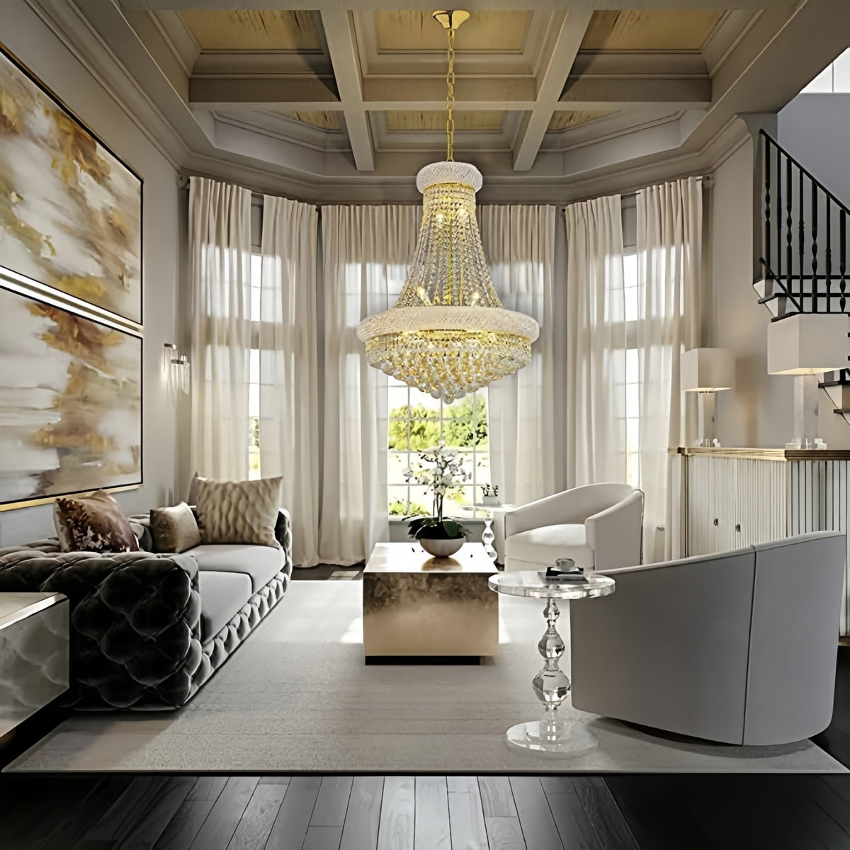 Luxury Empire Foyer K9 Crystal Chandelier Light Fixture In Gold/ Chrome Finish - Zelno Lighting