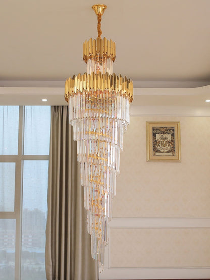 Luxury Gold Trimmed Long Crystal Chandelier Foyer Staircase Extra Large Ceiling Light Fixture - Zelno Lighting