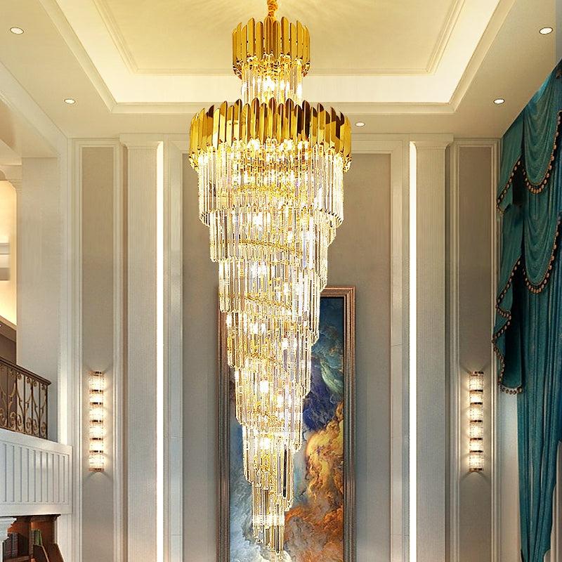 Luxury Gold Trimmed Long Crystal Chandelier Foyer Staircase Extra Large Ceiling Light Fixture - Zelno Lighting