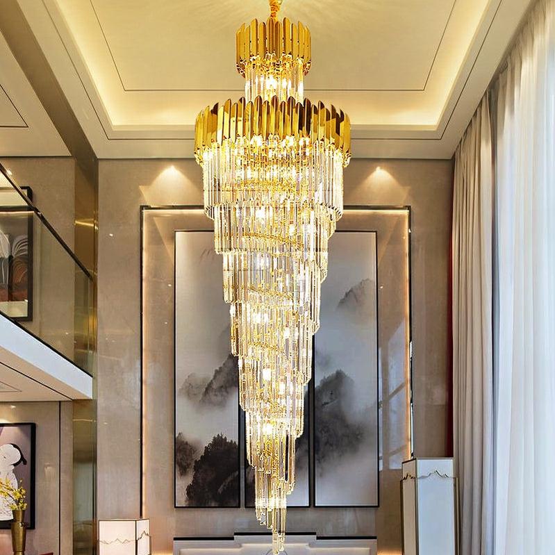 Luxury Gold Trimmed Long Crystal Chandelier Foyer Staircase Extra Large Ceiling Light Fixture - Zelno Lighting