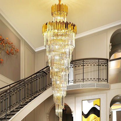 Luxury Gold Trimmed Long Crystal Chandelier Foyer Staircase Extra Large Ceiling Light Fixture - Zelno Lighting