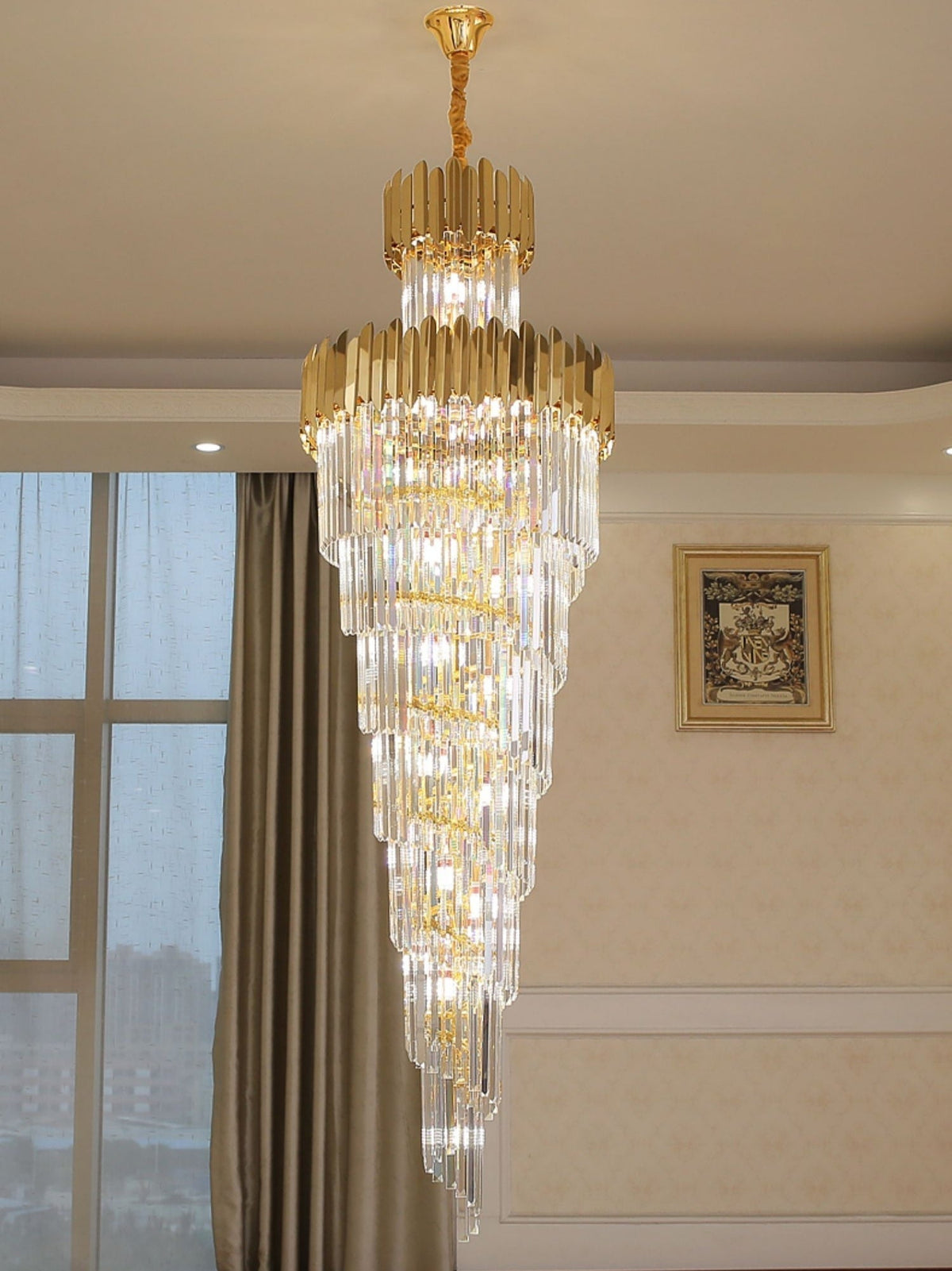 Luxury Gold Trimmed Long Crystal Chandelier Foyer Staircase Extra Large Ceiling Light Fixture - Zelno Lighting