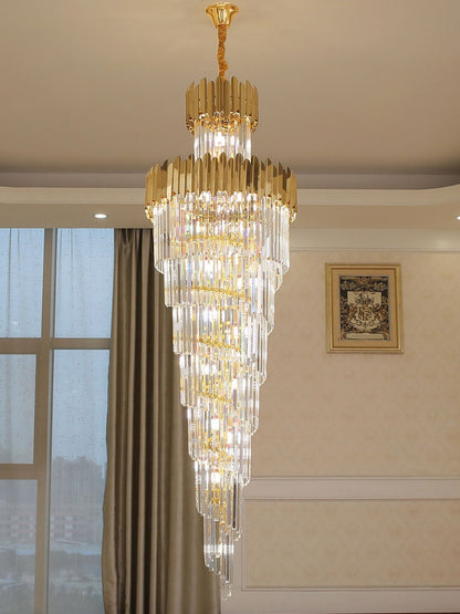 Luxury Gold Trimmed Long Crystal Chandelier Foyer Staircase Extra Large Ceiling Light Fixture - Zelno Lighting