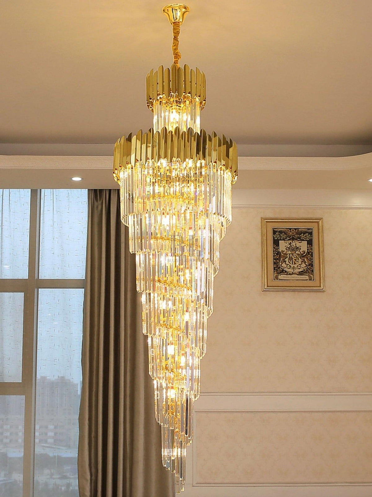Luxury Gold Trimmed Long Crystal Chandelier Foyer Staircase Extra Large Ceiling Light Fixture - Zelno Lighting