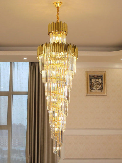 Luxury Gold Trimmed Long Crystal Chandelier Foyer Staircase Extra Large Ceiling Light Fixture - Zelno Lighting