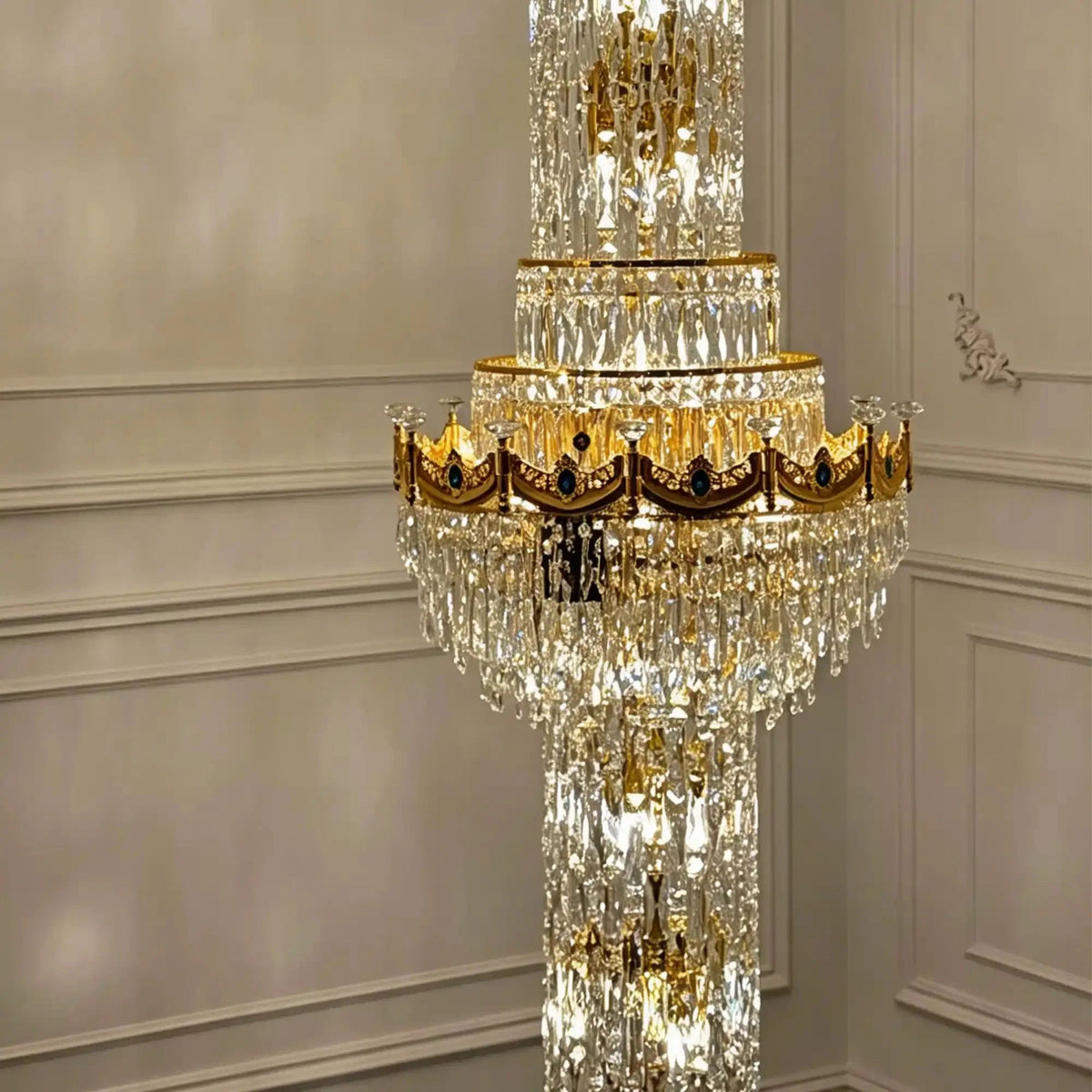 Luxury Majesty Grand Crown Top Cascading Long Tiered Crystal Chandelier - Zelno Lighting