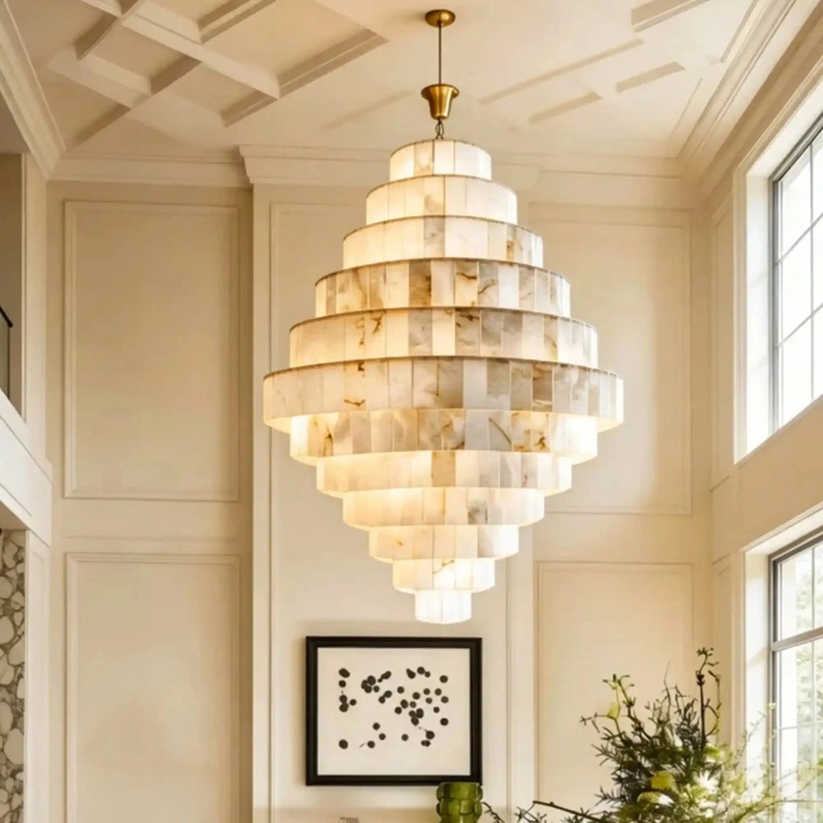 Luxury Sculpted Pyramid-Tier Alabaster Chandelier for High Ceiling - Zelno Lighting