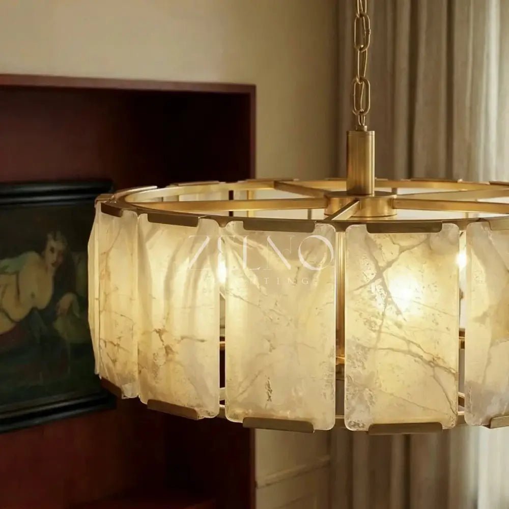 Marlow Alabaster Round Chandelier with Natural Alabaster Stone Shades - Zelno