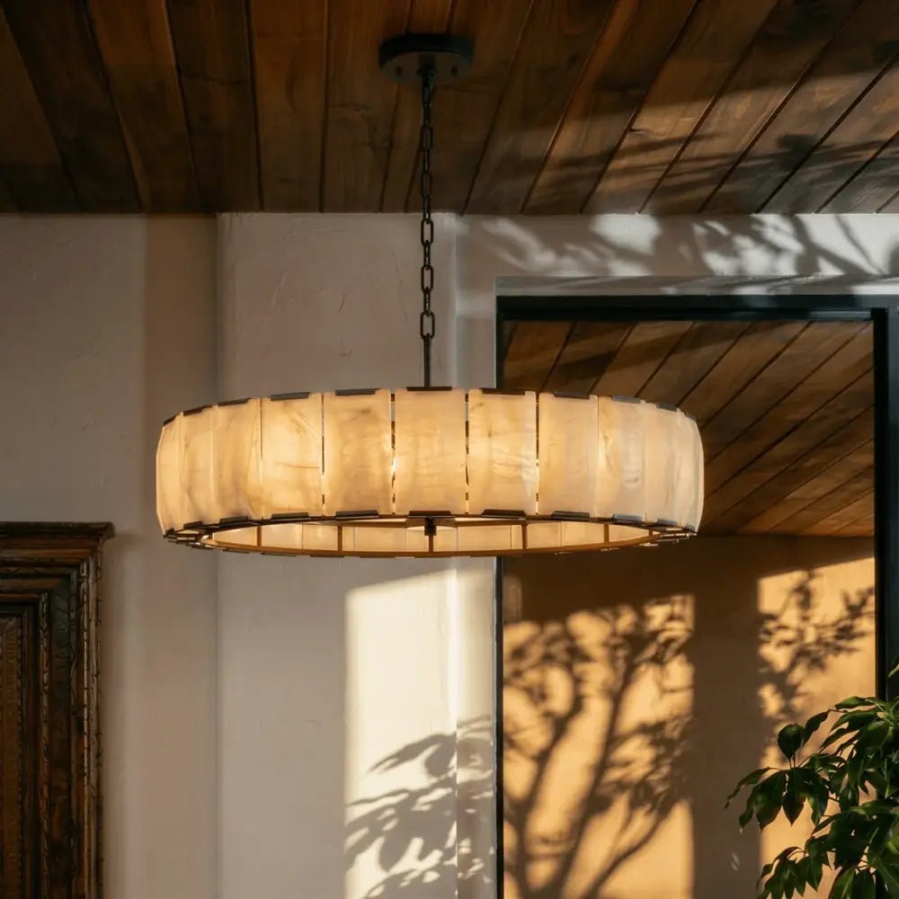 Marlow Alabaster Round Chandelier with Natural Alabaster Stone Shades - Zelno