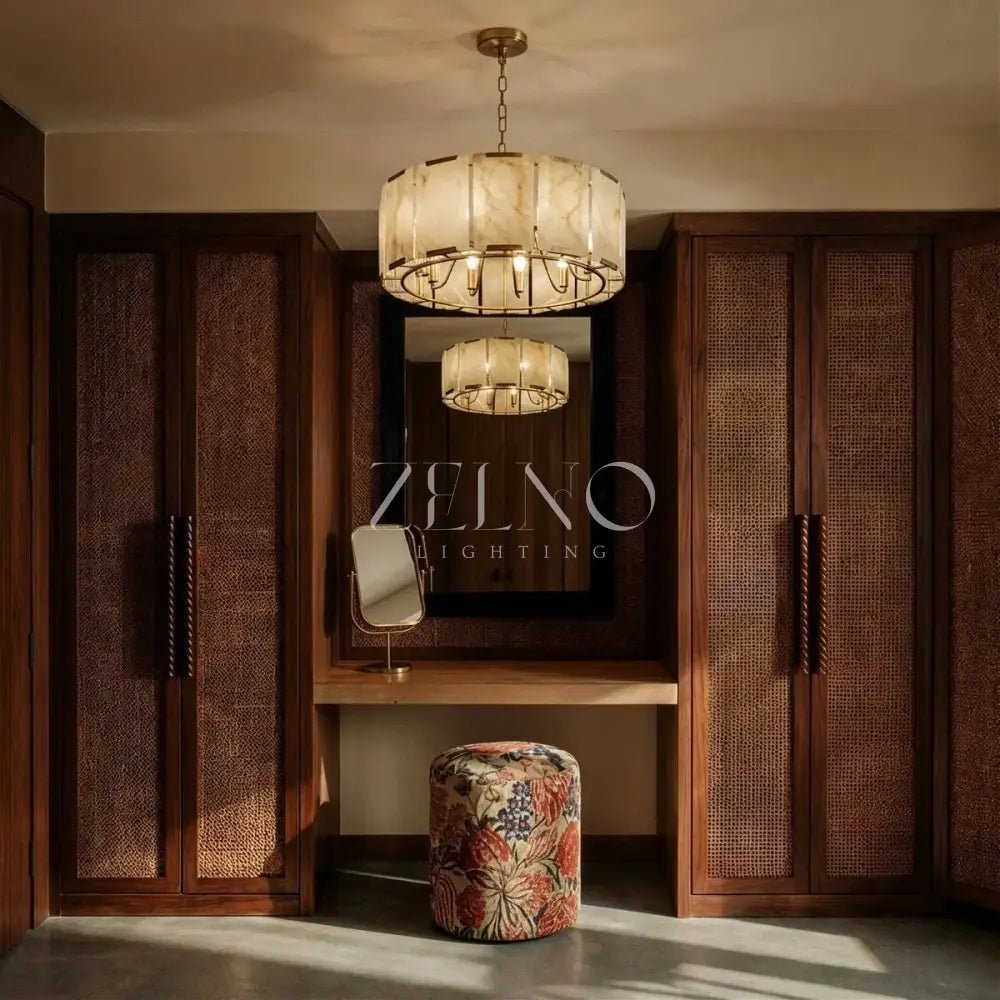Marlow Alabaster Round Chandelier with Natural Alabaster Stone Shades - Zelno