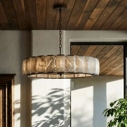 Marlow Alabaster Round Chandelier with Natural Alabaster Stone Shades - Zelno