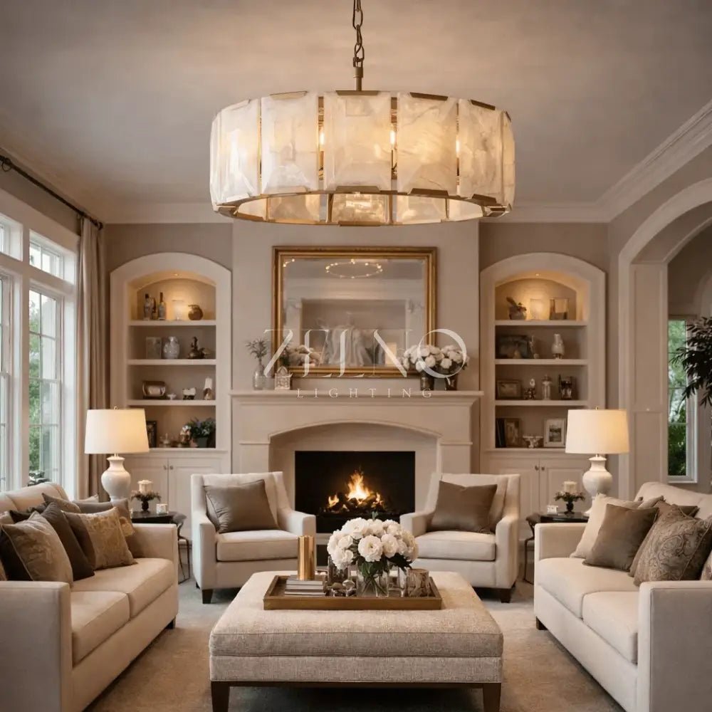 Marlow Alabaster Round Chandelier with Natural Alabaster Stone Shades - Zelno