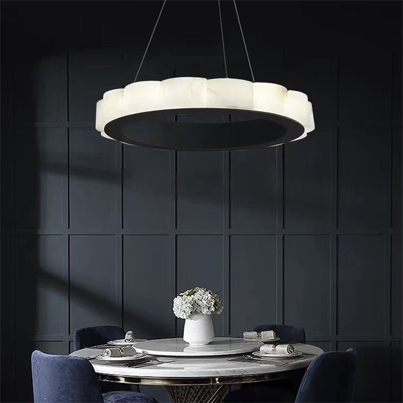 Melonie Moden Alabaster Round Chandelier Black Over Dining Table - Zelno