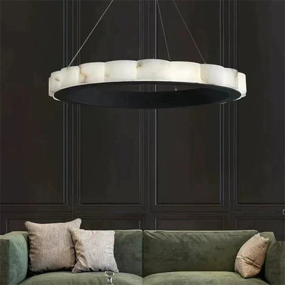 Melonie Moden Alabaster Round Chandelier Black Over Dining Table - Zelno