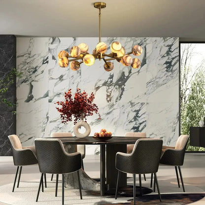 Mid Century Modern Sputnik 12 Light Gold Alabaster Globe Chandelier - Zelno Lighting