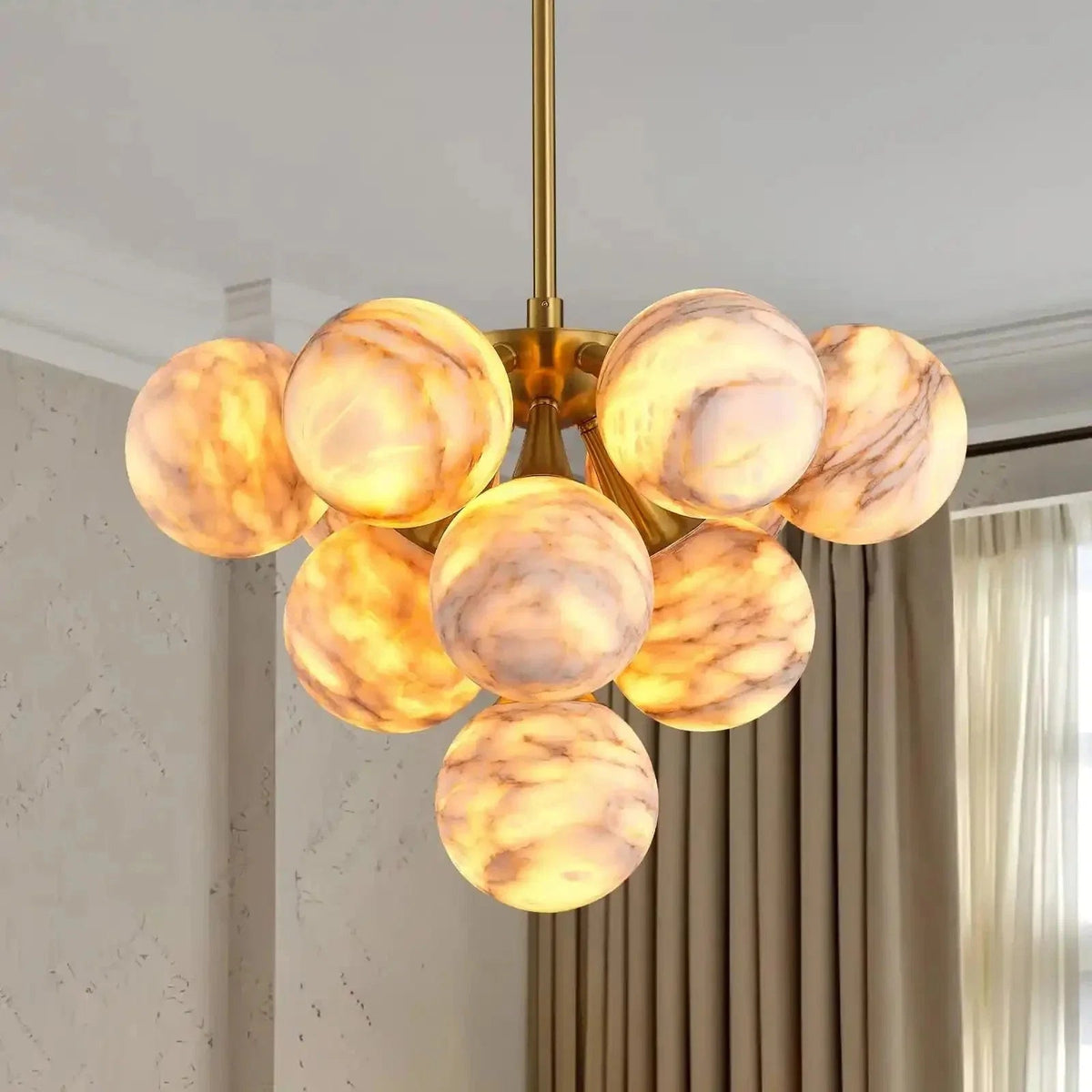 Mid Century Modern Sputnik 12 Light Gold Alabaster Globe Chandelier - Zelno Lighting