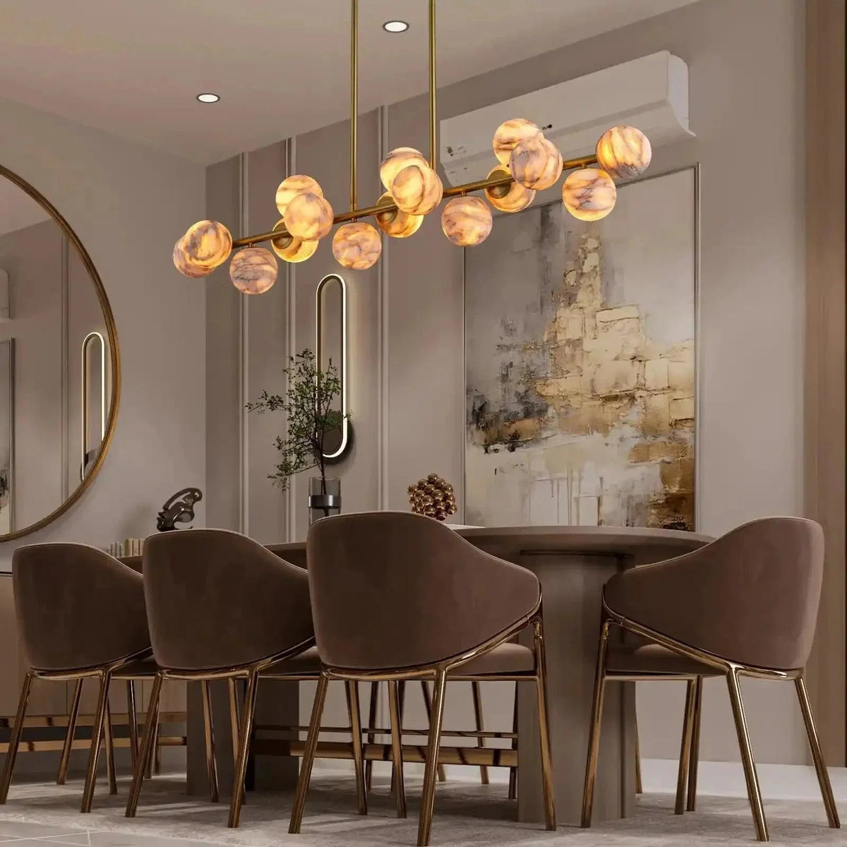 Mid Century Modern Sputnik 12 Light Gold Alabaster Globe Chandelier - Zelno Lighting