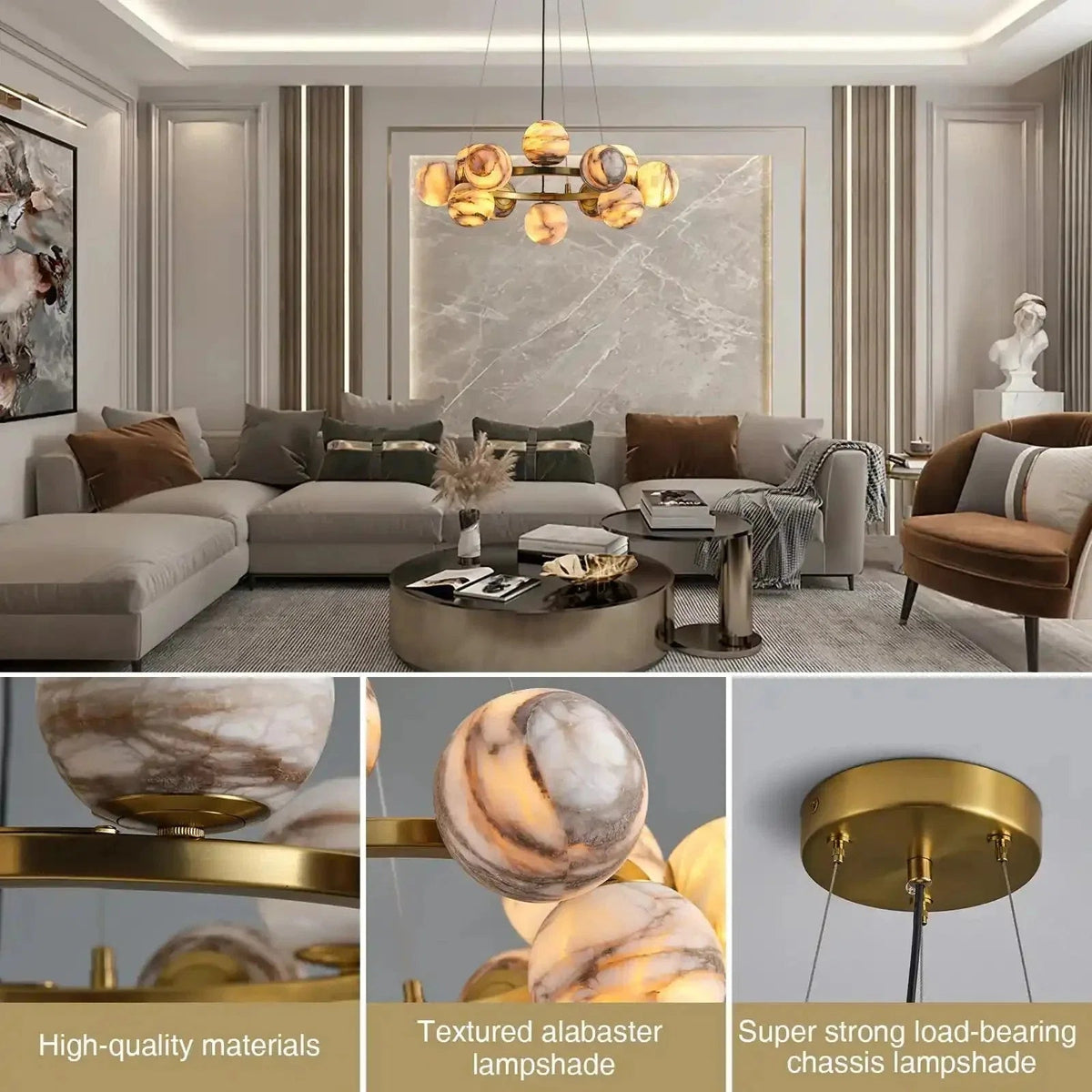 Mid Century Modern Sputnik 12 Light Gold Alabaster Globe Chandelier - Zelno Lighting