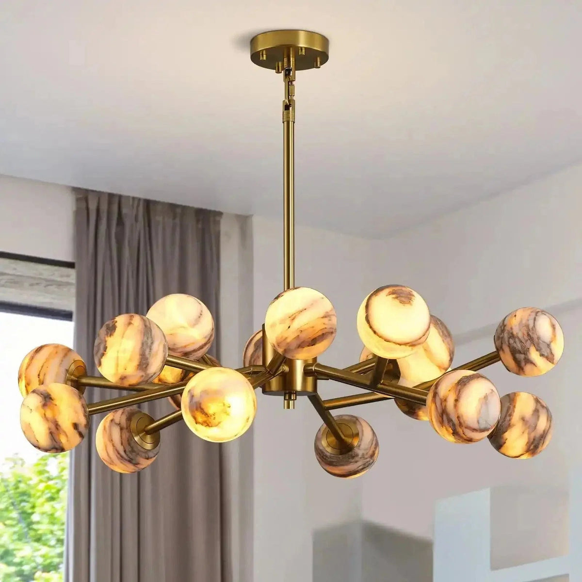 Mid Century Modern Sputnik 12 Light Gold Alabaster Globe Chandelier - Zelno Lighting