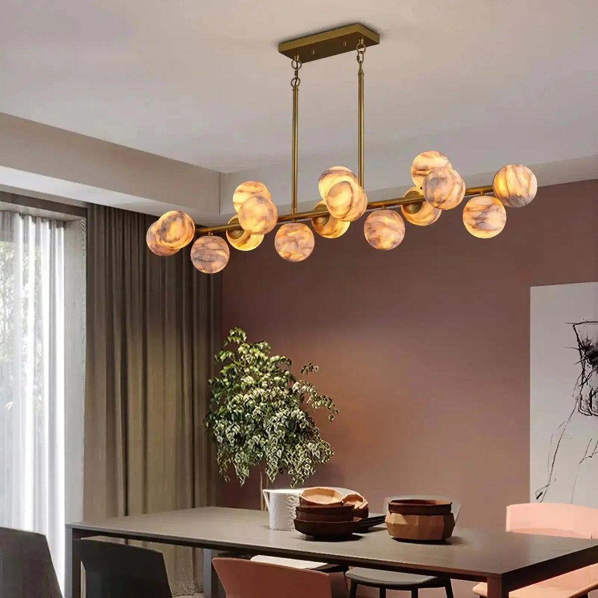 Mid Century Modern Sputnik 12 Light Gold Alabaster Globe Chandelier - Zelno Lighting