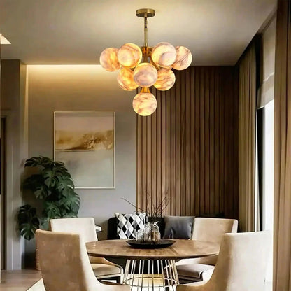 Mid Century Modern Sputnik 12 Light Gold Alabaster Globe Chandelier - Zelno Lighting