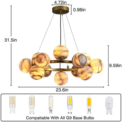 Mid Century Modern Sputnik 12 Light Gold Alabaster Globe Chandelier - Zelno Lighting