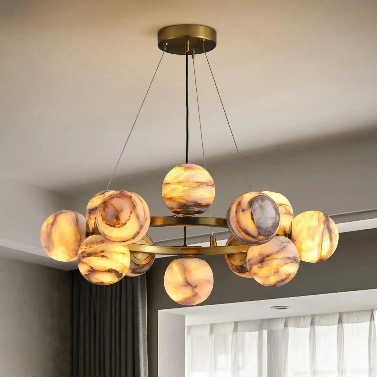Mid Century Modern Sputnik 12 Light Gold Alabaster Globe Chandelier - Zelno Lighting