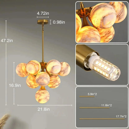 Mid Century Modern Sputnik 12 Light Gold Alabaster Globe Chandelier - Zelno Lighting