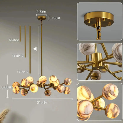 Mid Century Modern Sputnik 12 Light Gold Alabaster Globe Chandelier - Zelno Lighting