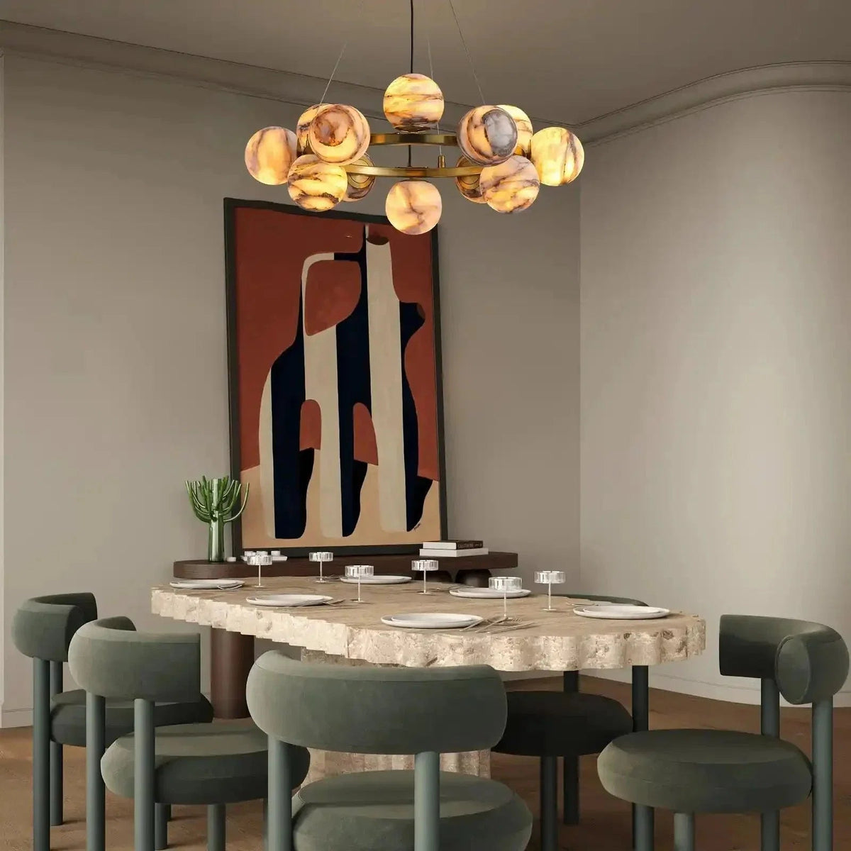 Mid Century Modern Sputnik 12 Light Gold Alabaster Globe Chandelier - Zelno Lighting