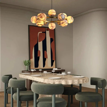 Mid Century Modern Sputnik 12 Light Gold Alabaster Globe Chandelier - Zelno Lighting