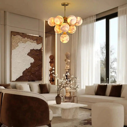 Mid Century Modern Sputnik 12 Light Gold Alabaster Globe Chandelier - Zelno Lighting