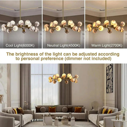Mid Century Modern Sputnik 12 Light Gold Alabaster Globe Chandelier - Zelno Lighting