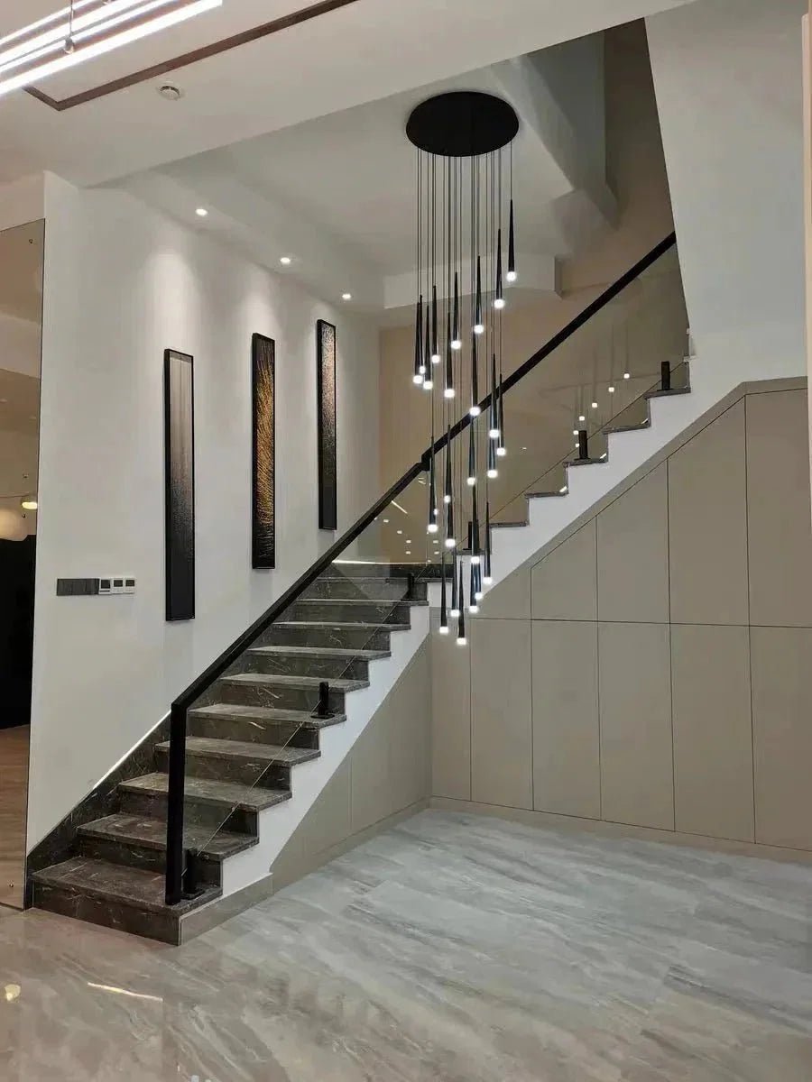 Minimalism Foyer Staircase Chandelier Ceiling Pendant Lighting Fixture For Living Room Entryway In Gold/ Black Finish - Zelno Lighting