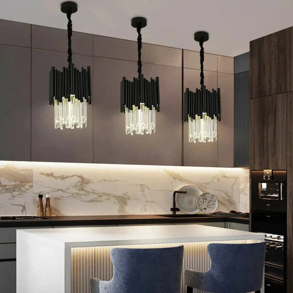 Modern Black Tube Crystal Pendant for Kitchen Island - Zelno Lighting