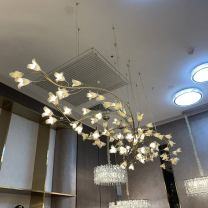 Modern Brass Branch Ceramics Flower Chandelier for Stylish Living Room Hotel and Restaurant - Zelno Lighting