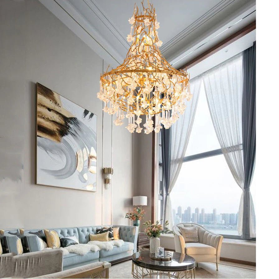 Modern Crystal Drop Brass Branch Chandelier - Zelno Lighting