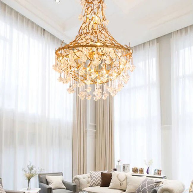 Modern Crystal Drop Brass Branch Chandelier - Zelno Lighting
