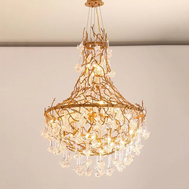 Modern Crystal Drop Brass Branch Chandelier - Zelno Lighting