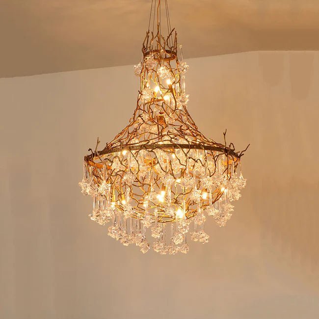 Modern Crystal Drop Brass Branch Chandelier - Zelno Lighting