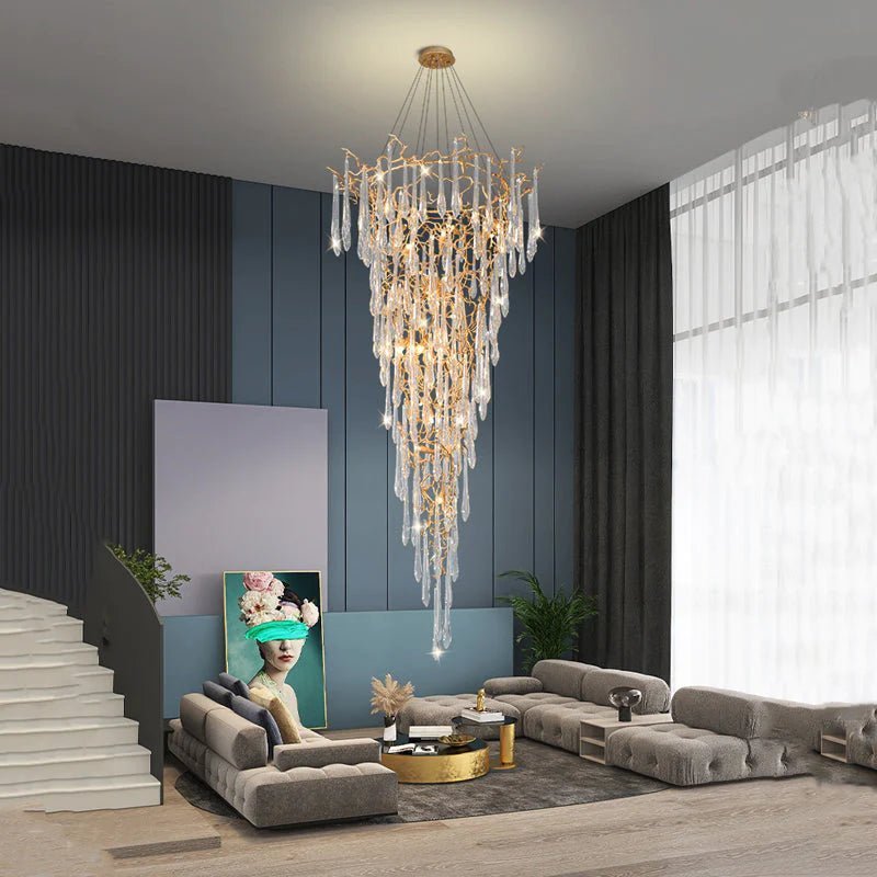 Modern Crystal Droplet Branch Staircase Chandelier - Zelno Lighting