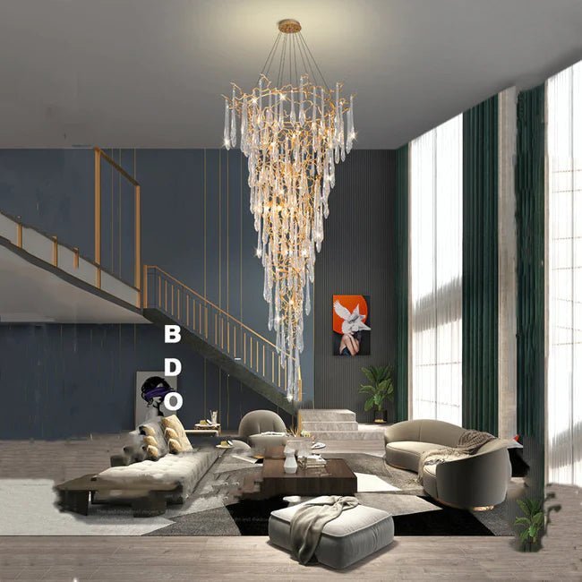 Modern Crystal Droplet Branch Staircase Chandelier - Zelno Lighting