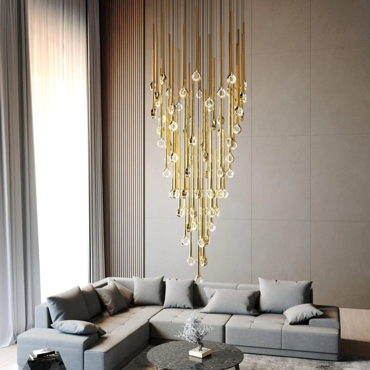 Modern Floating Long Gold Pendant Celing Chandelier for Living Room/High-ceiling - Zelno Lighting